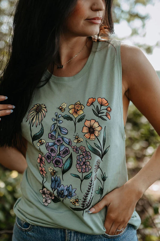 Flowers & Bees Muscle Tank - GRN