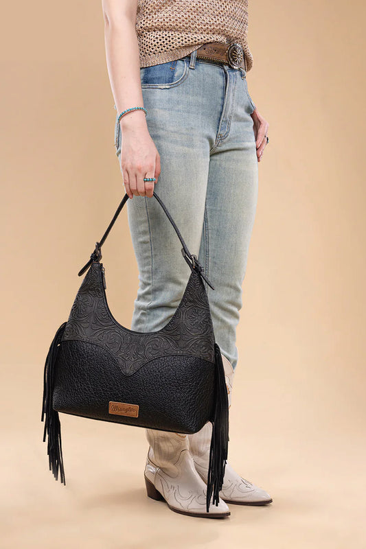 Fringe Floral Tooled Hobo - BLK