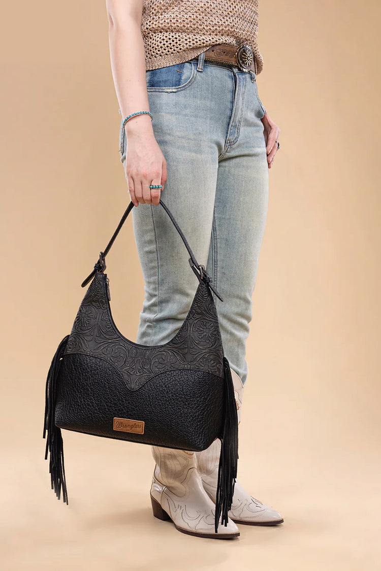 Fringe Floral Tooled Hobo - BLK