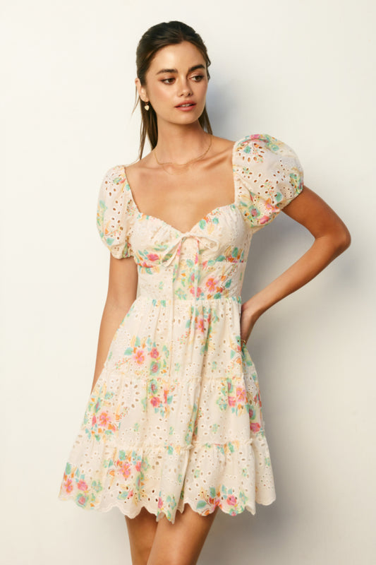 Frolicking Florals Mini Dress - White