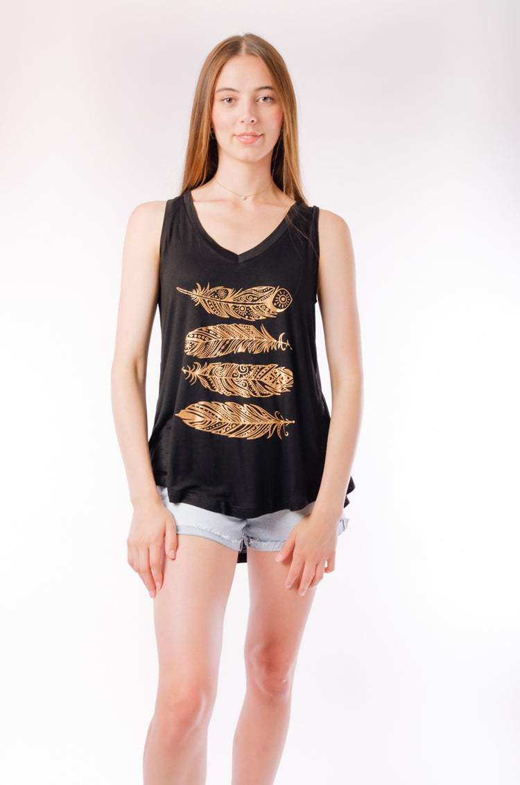 Gold Feathers Tank - BLK