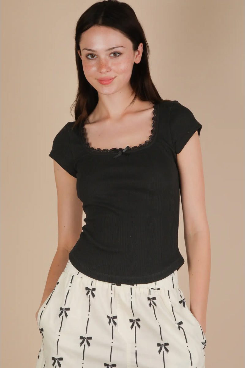 Lace & Bow Ribbed Top - BLK