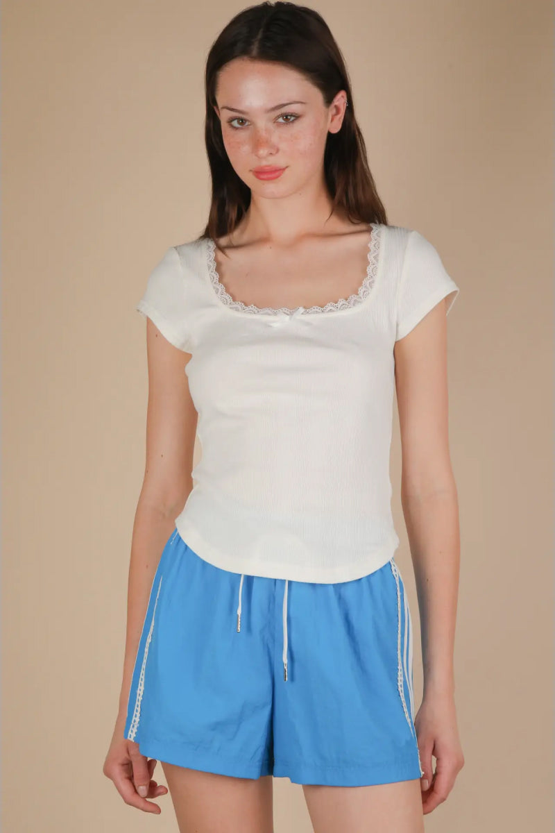 Lace & Bow Ribbed Top - WHT