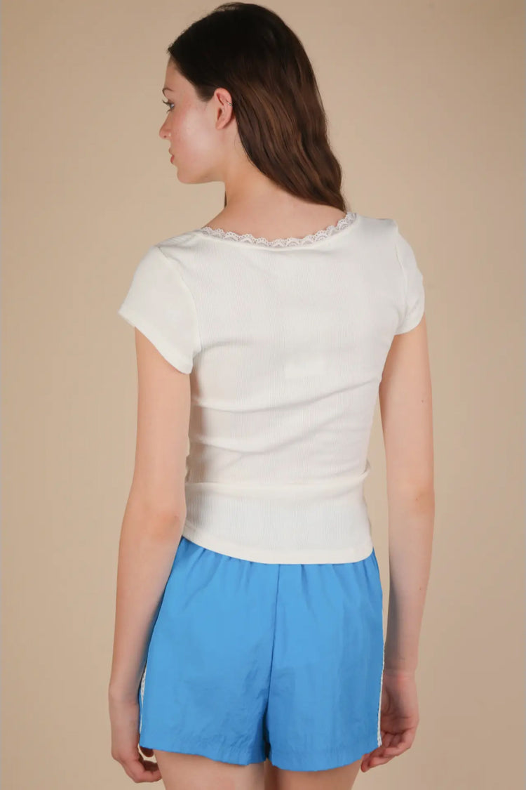 Lace & Bow Ribbed Top - WHT