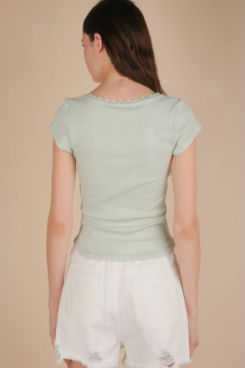 Lace & Bow Ribbed Top - SAG