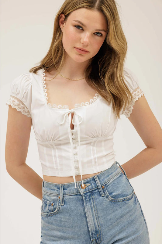 Lace Trim Corset Top - WHT