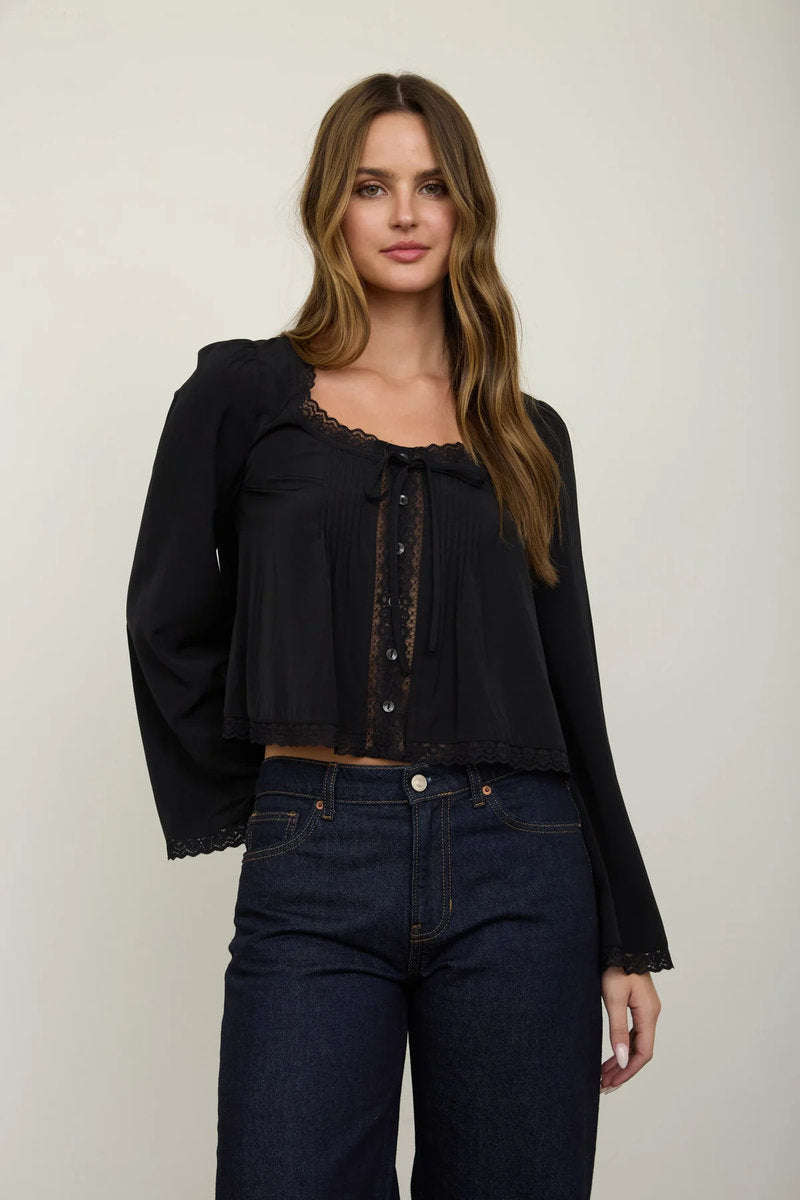 Lace Trim Button Top - BLK