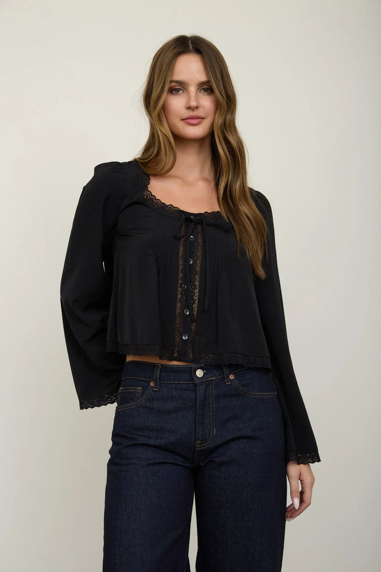 Lace Trim Button Top - BLK