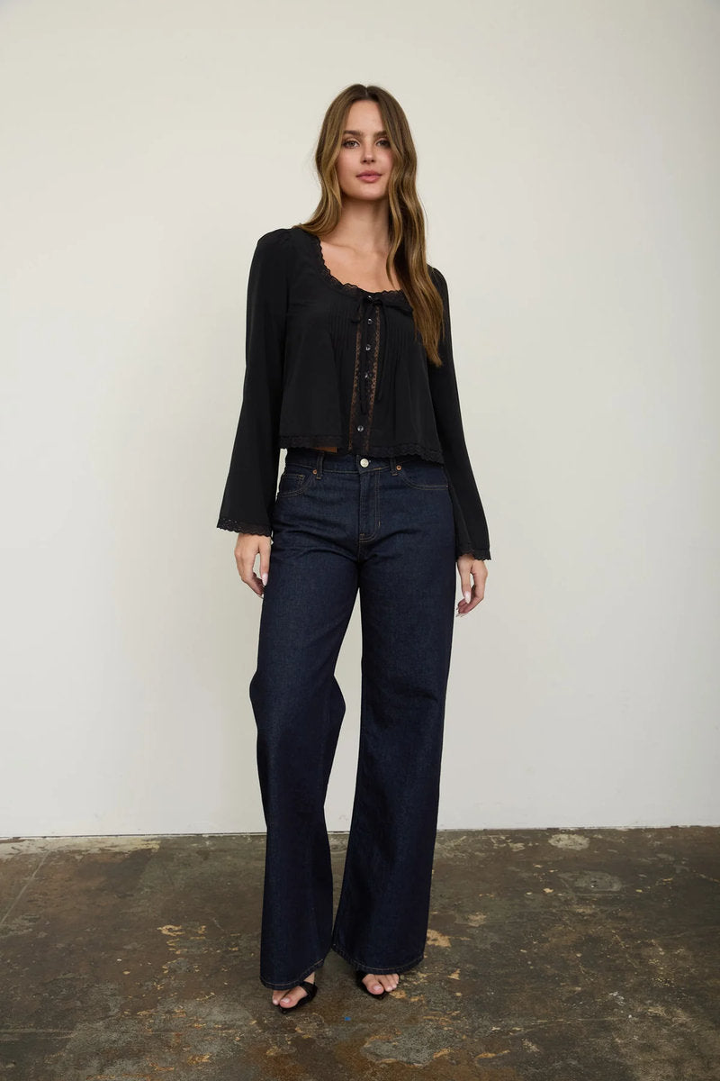 Lace Trim Button Top - BLK