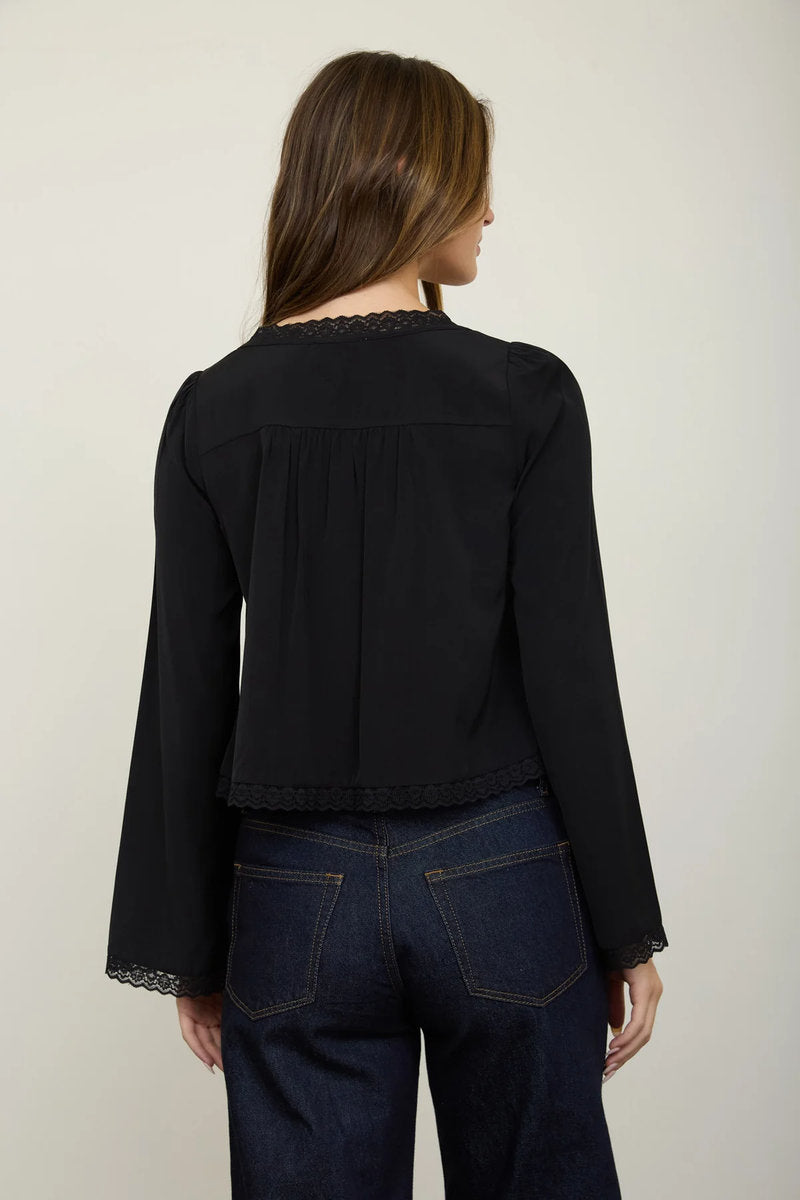 Lace Trim Button Top - BLK