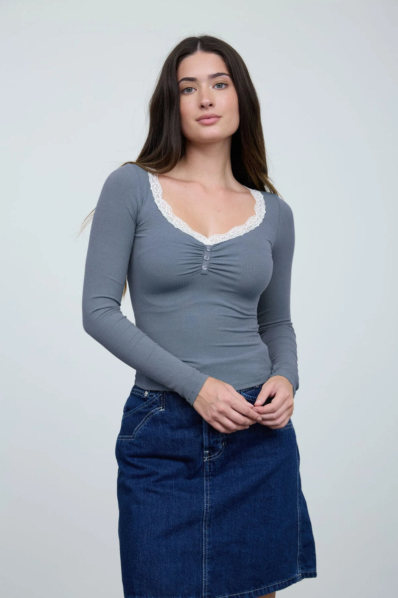 Lace Trim Henley  - BLU