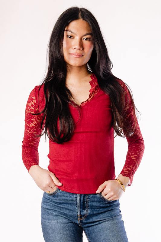 Lace Trim V-Neck Top - BUR