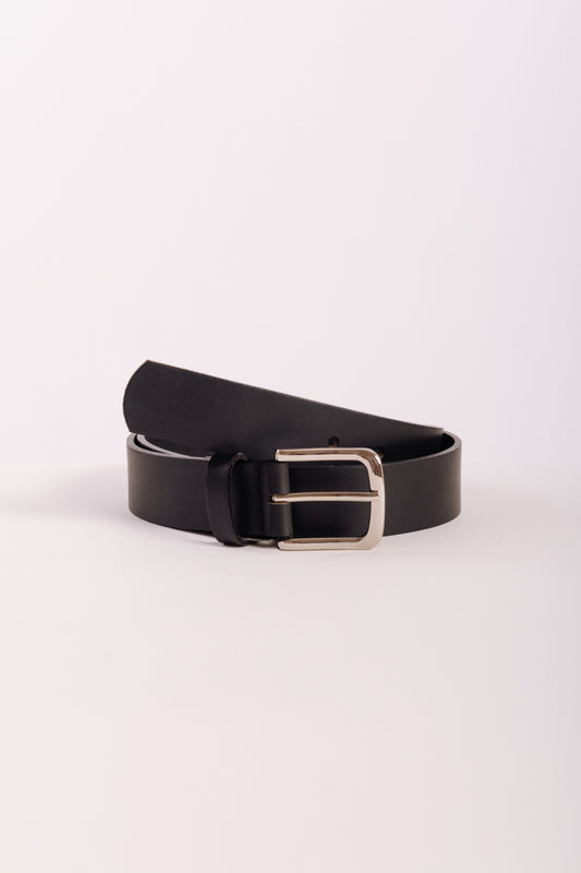 Leather Belt with Nickel Buckle - BLK