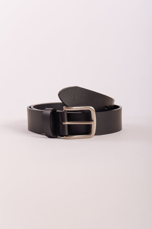 Leather Belt with Nickel Buckle - BLK