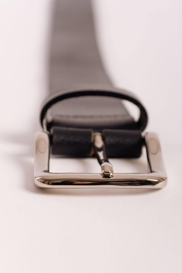 Leather Belt with Nickel Buckle - BLK