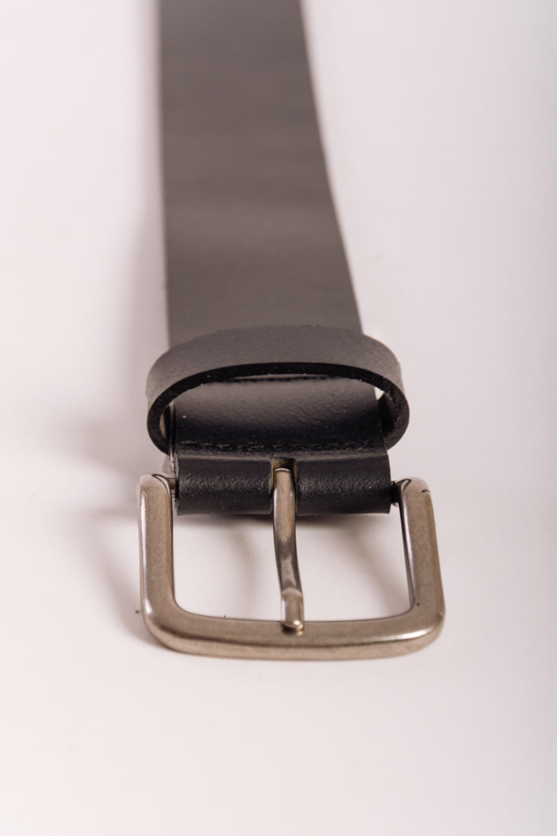 Leather Belt with Nickel Buckle - BLK