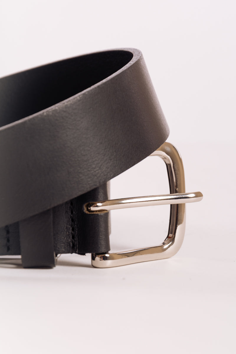 Leather Belt with Nickel Buckle - BLK