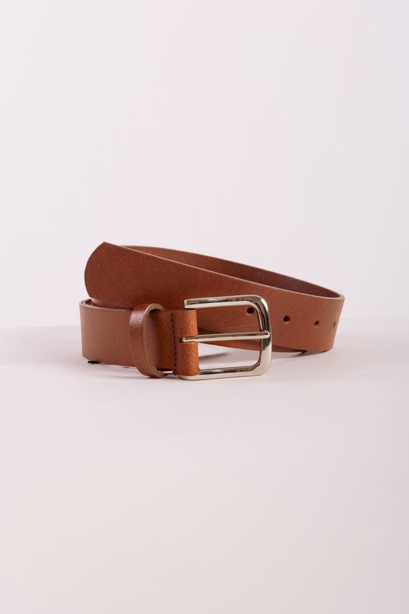 Leather Belt with Nickel Buckle - BRN