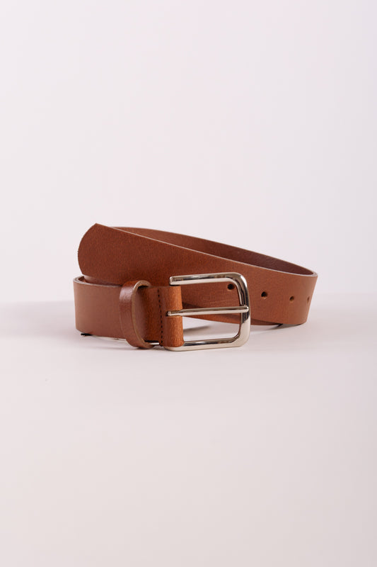 Leather Belt with Nickel Buckle - BRN