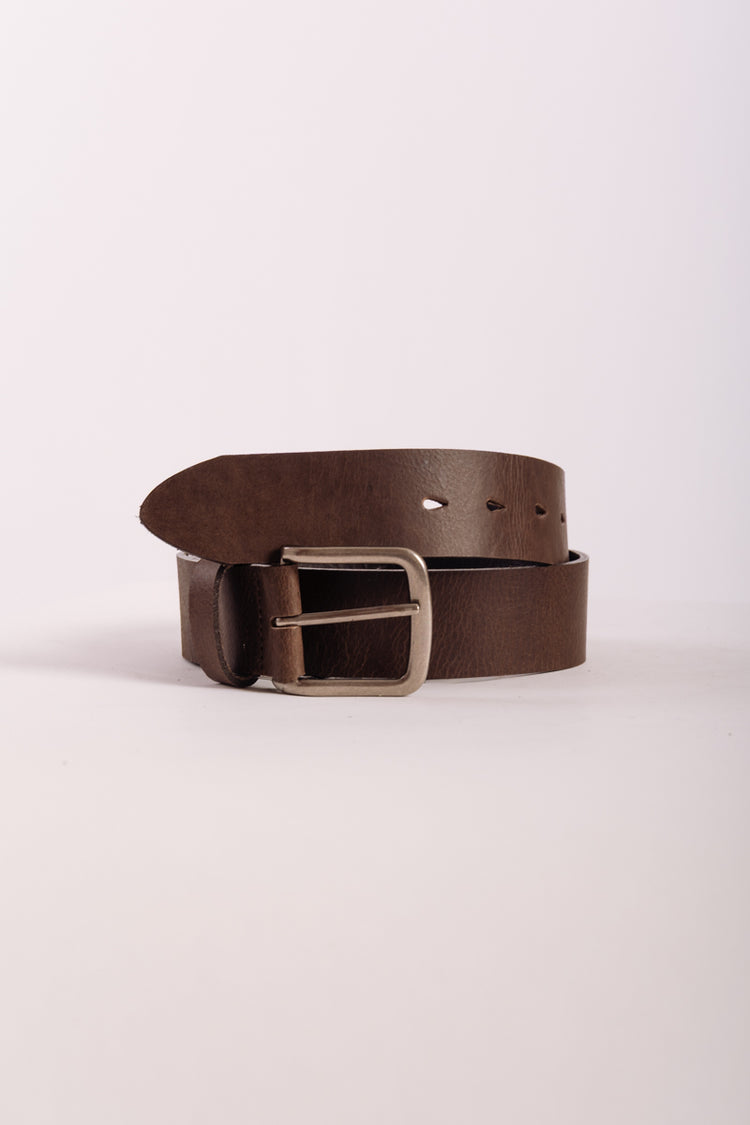 Leather Belt with Nickel Buckle - BRN
