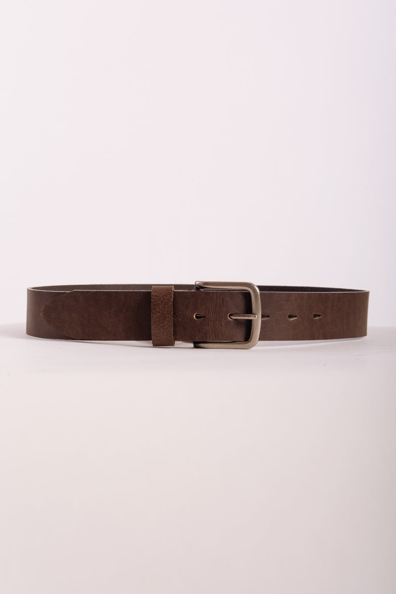 Leather Belt with Nickel Buckle - BRN