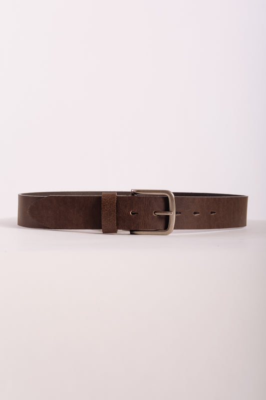 Leather Belt with Nickel Buckle - BRN