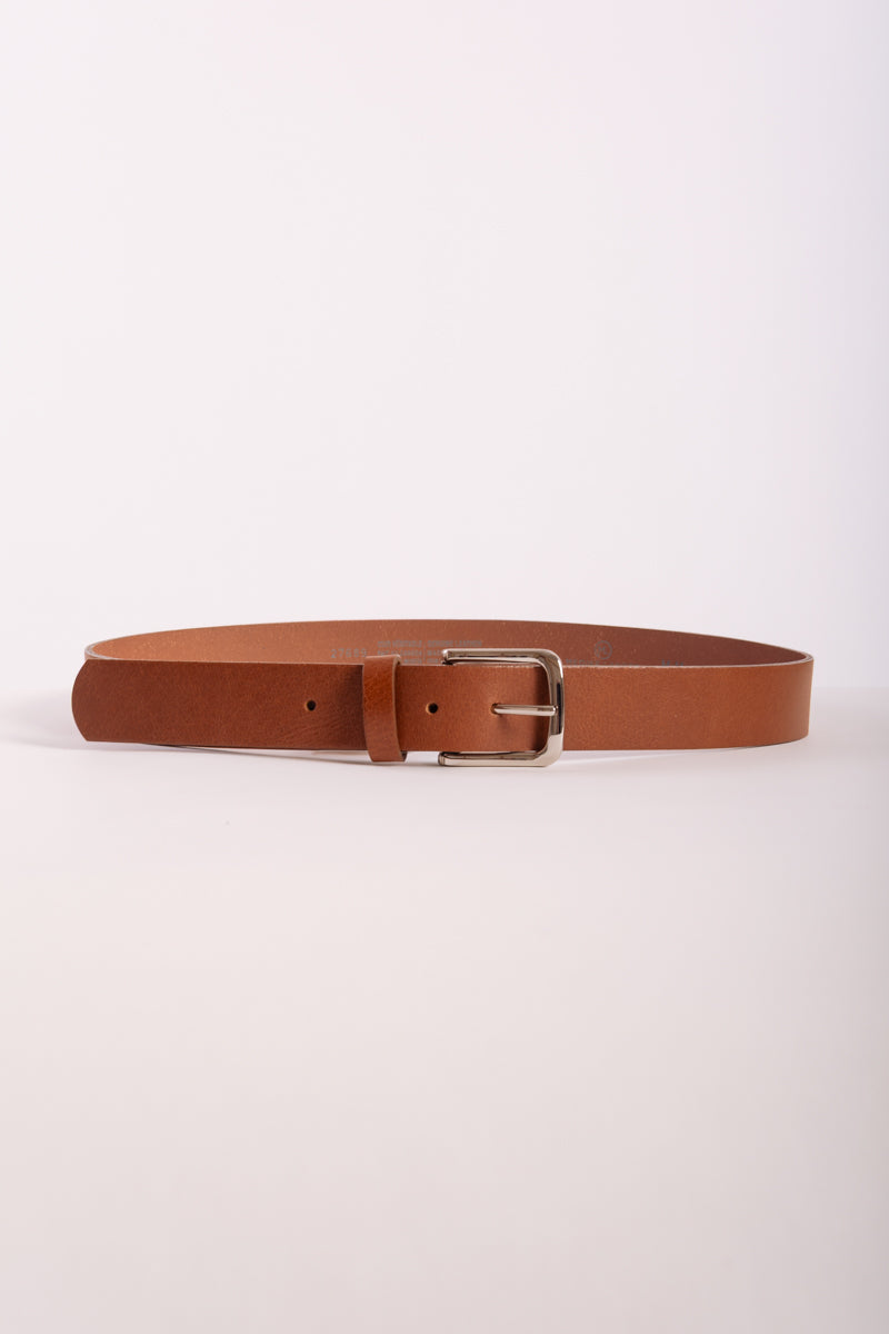 Leather Belt with Nickel Buckle - BRN