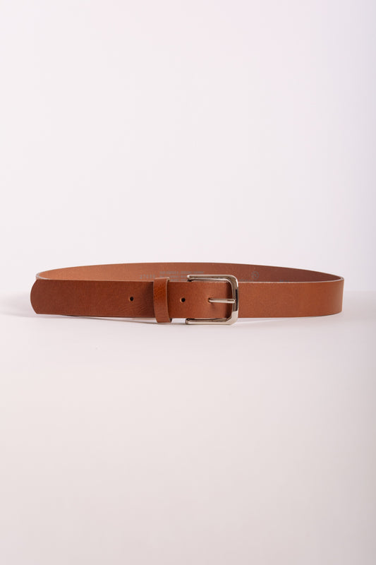 Leather Belt with Nickel Buckle - BRN
