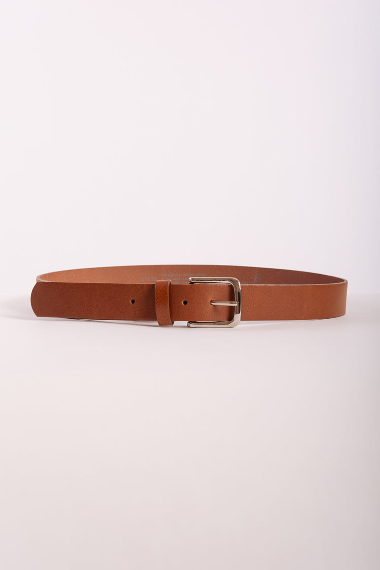 Leather Belt with Nickel Buckle - BRN