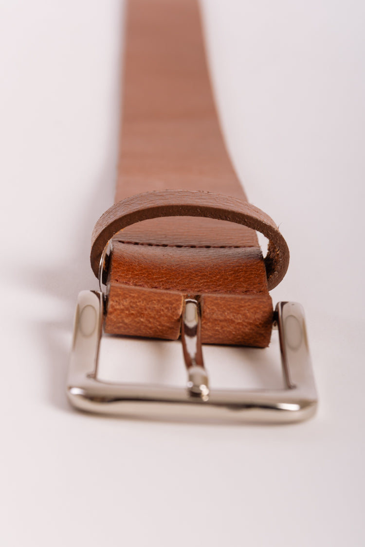 Leather Belt with Nickel Buckle - BRN