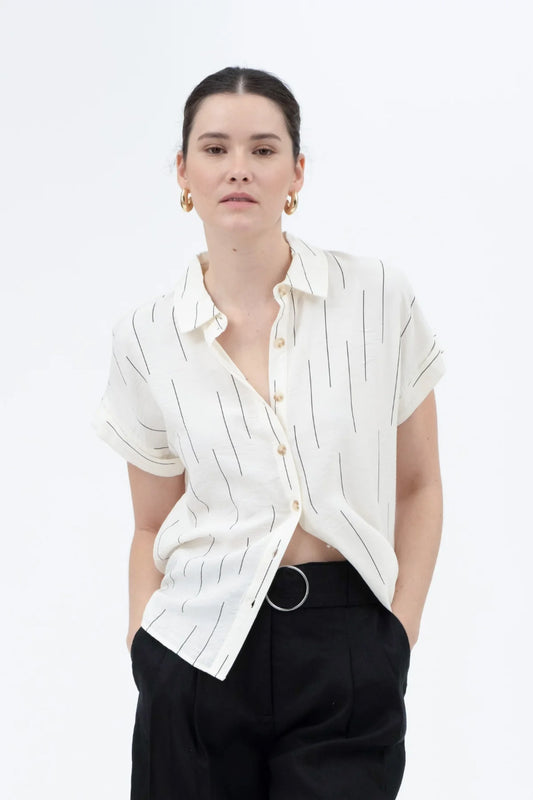 Line Print Short Sleeve Shirt - CRM