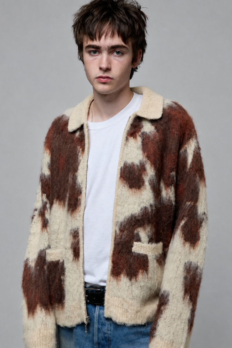 Cow Pattern Zip Sweater - COW