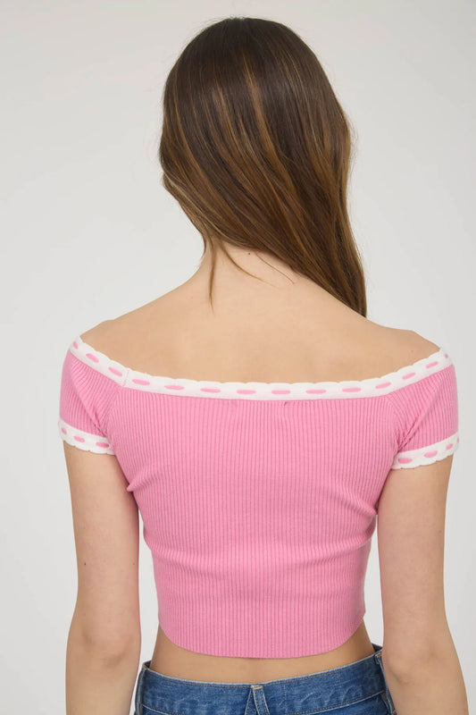 Off-Shoulder Knit Crop Top - PNK