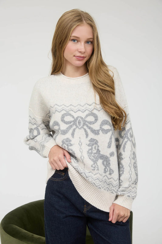 Poodle & Bow Jacquard Sweater - CRM