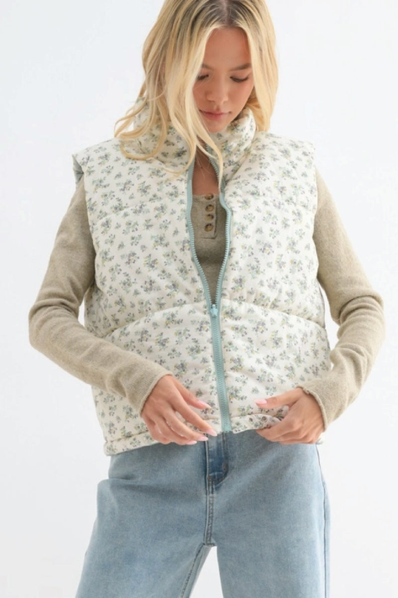 Reversible Floral Puffer Vest - CRM