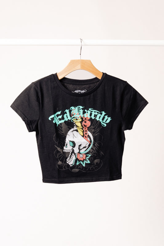 Skull Butterfly Rhinestone Baby Tee - BLK