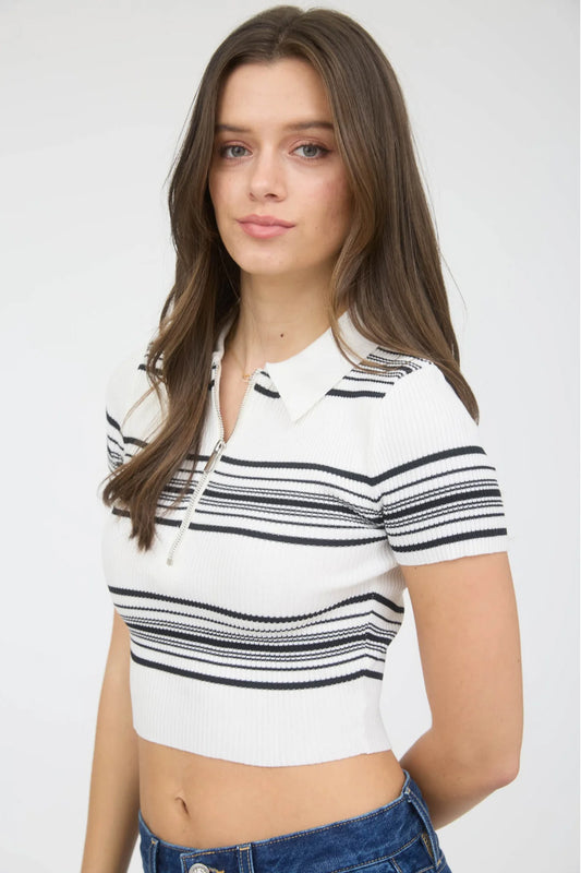 Stripe Knit Crop Polo - IVR