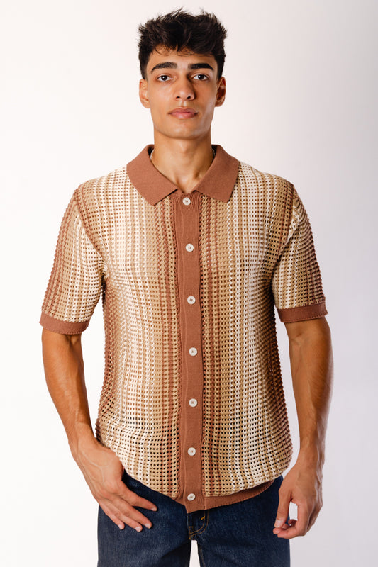Stripe Crochet Button Up Shirt - BRN