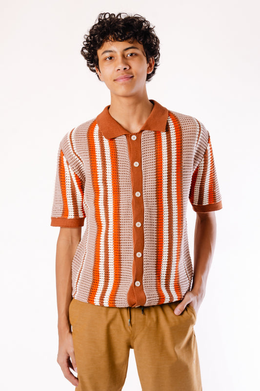 Stripe Crochet Button Up Shirt - BRN