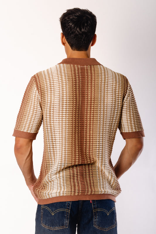Stripe Crochet Button Up Shirt - BRN