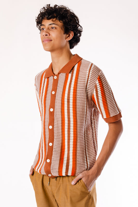 Stripe Crochet Button Up Shirt - BRN