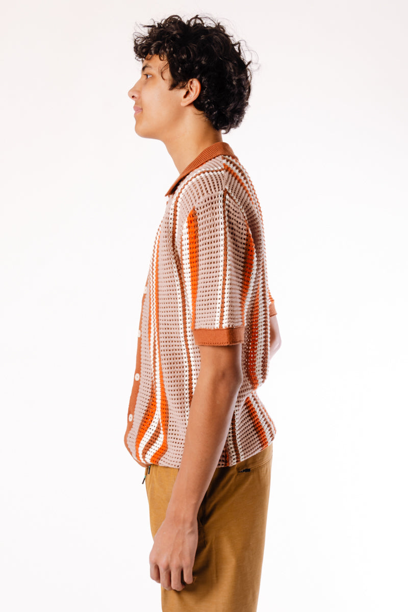Stripe Crochet Button Up Shirt - BRN