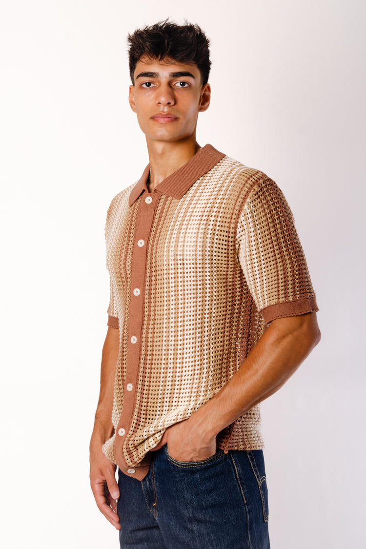 Stripe Crochet Button Up Shirt - BRN