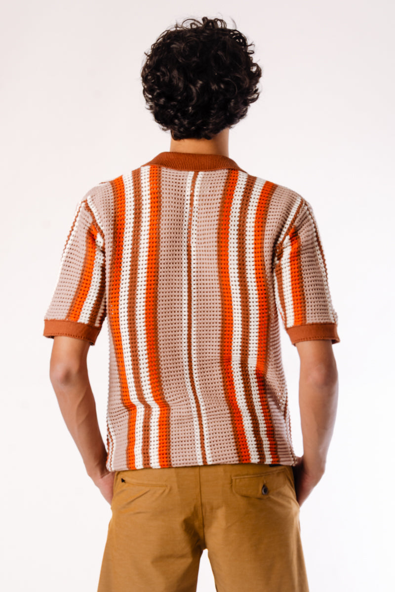 Stripe Crochet Button Up Shirt - BRN
