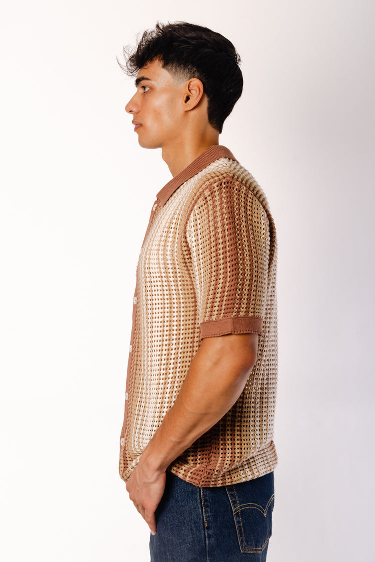 Stripe Crochet Button Up Shirt - BRN