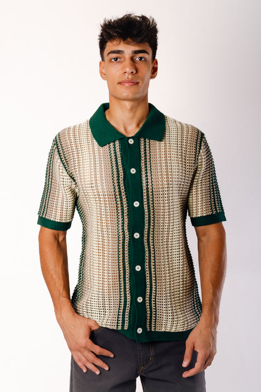 Stripe Crochet Button Up Shirt - GRN
