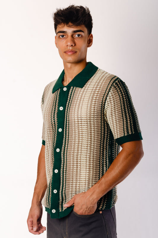 Stripe Crochet Button Up Shirt - GRN