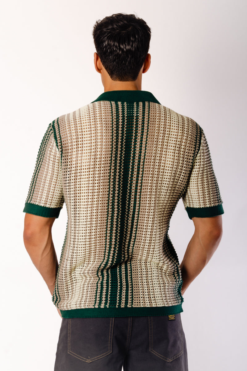Stripe Crochet Button Up Shirt - GRN