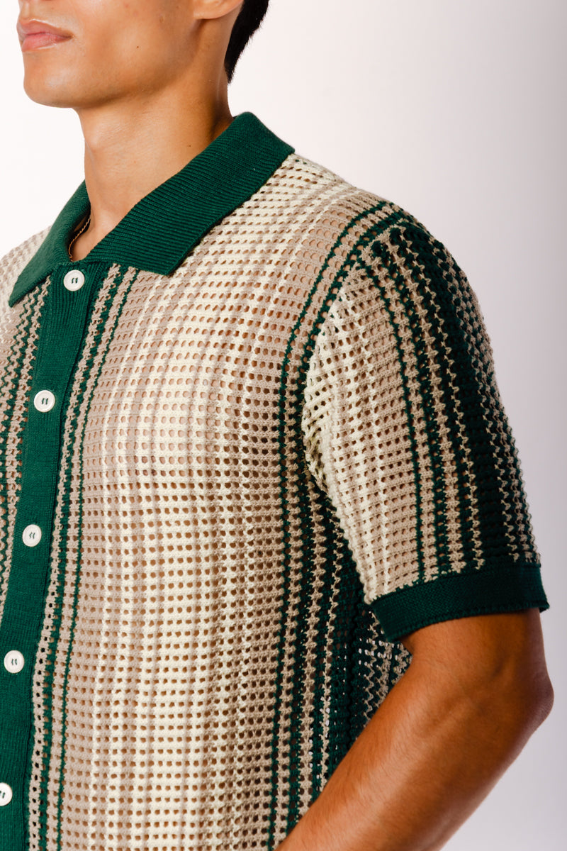 Stripe Crochet Button Up Shirt - GRN