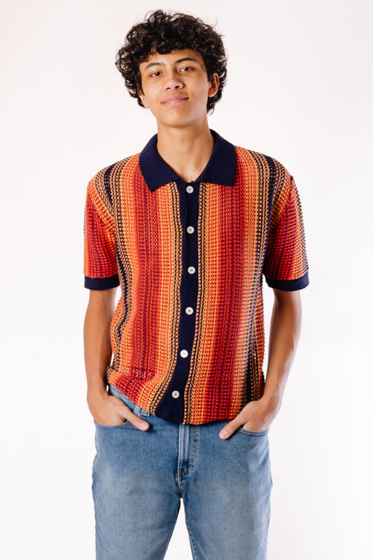 Stripe Crochet Button Up Shirt - NVY